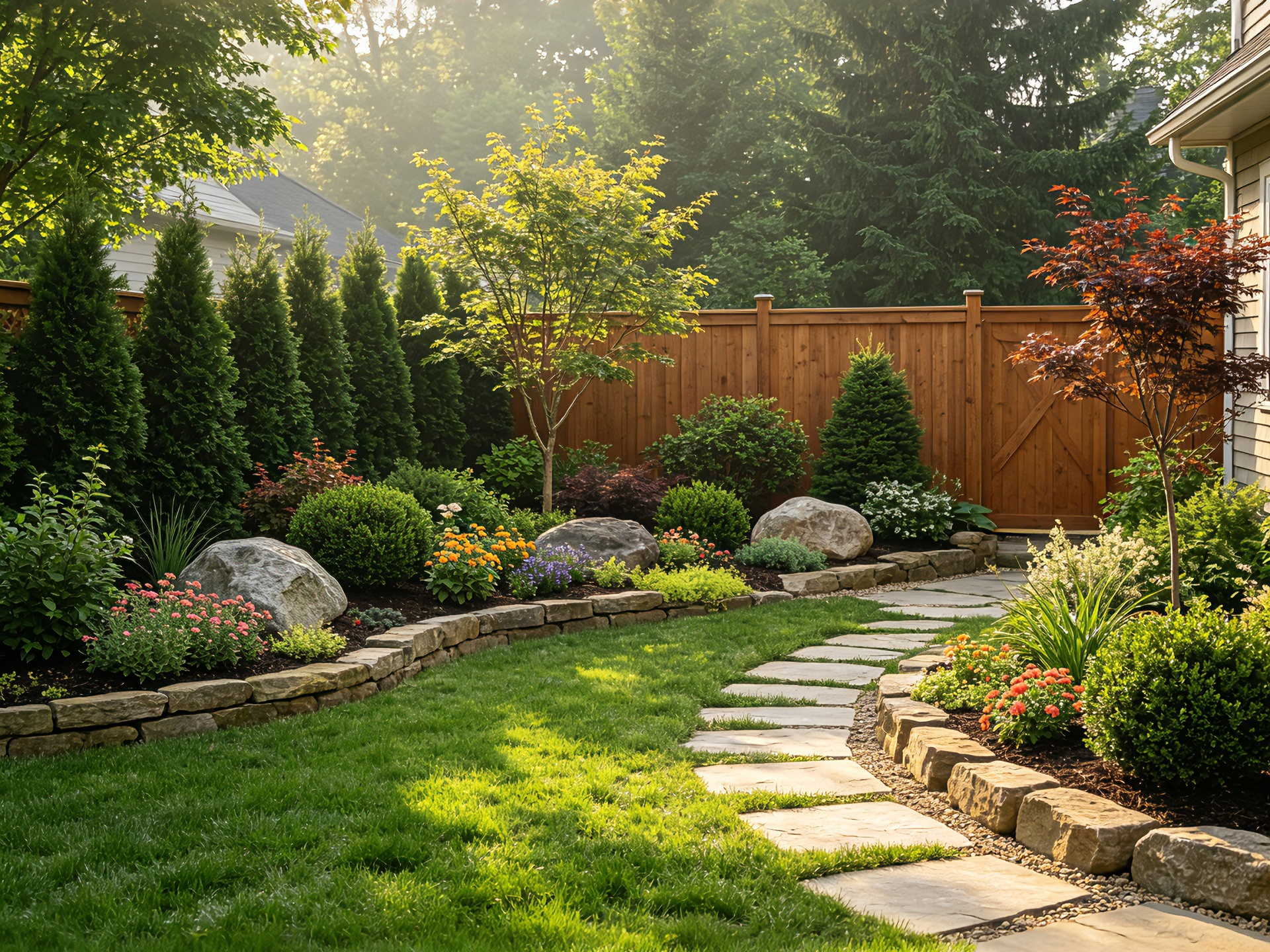 Backyard landscaping with planting and hardscape
