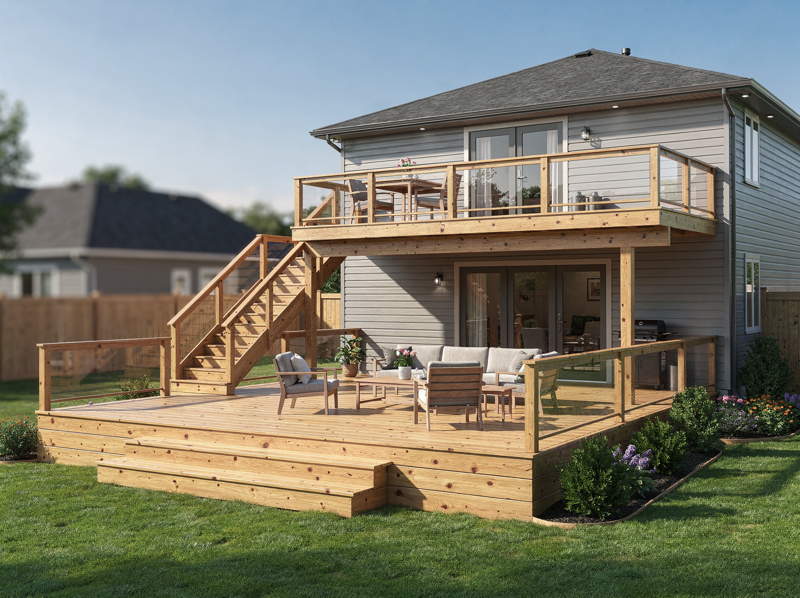 Multi-level deck layout with dining and lounging zones