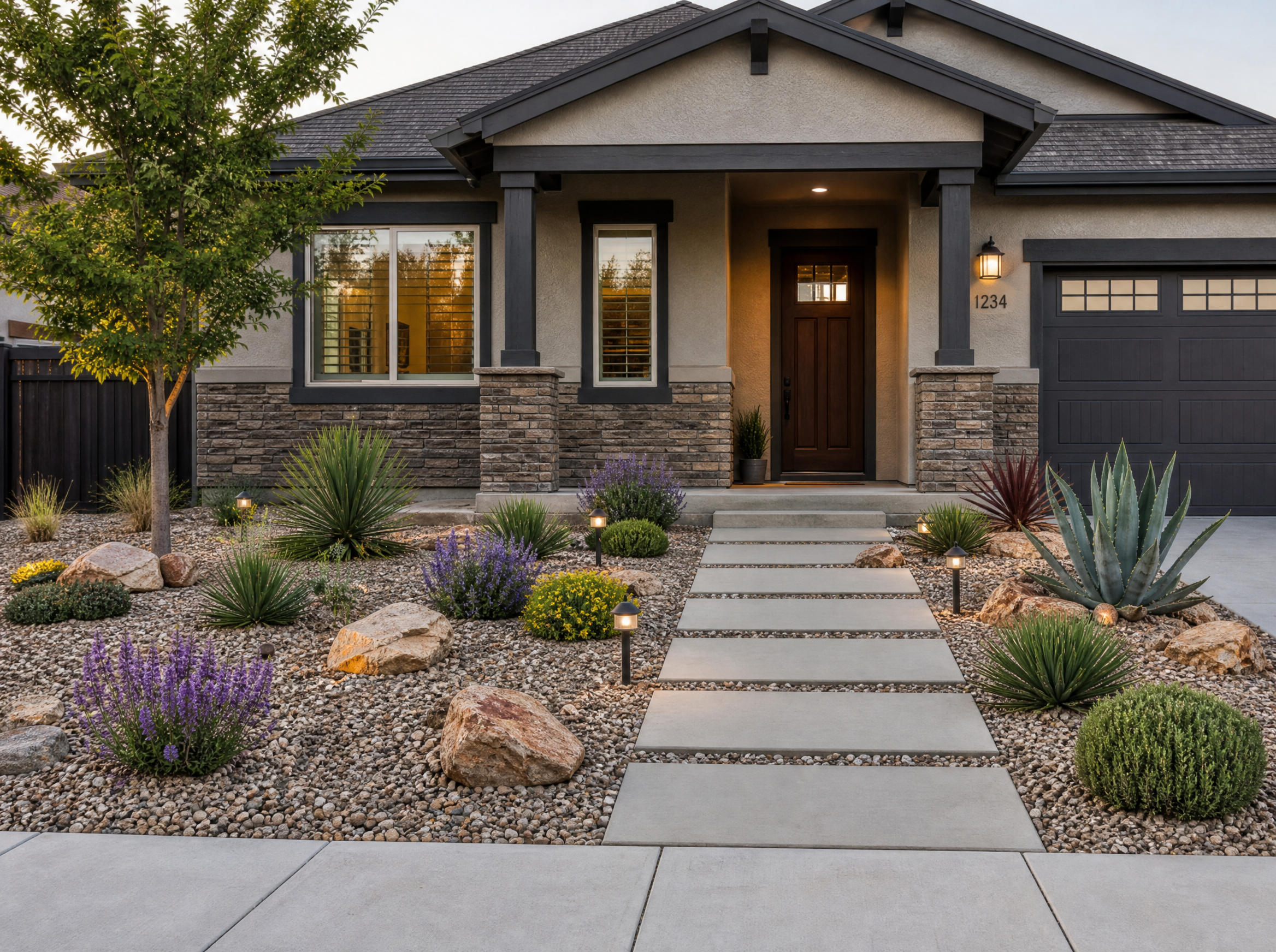 Grass-free front yard with gravel, pavers, and drought-aware planting