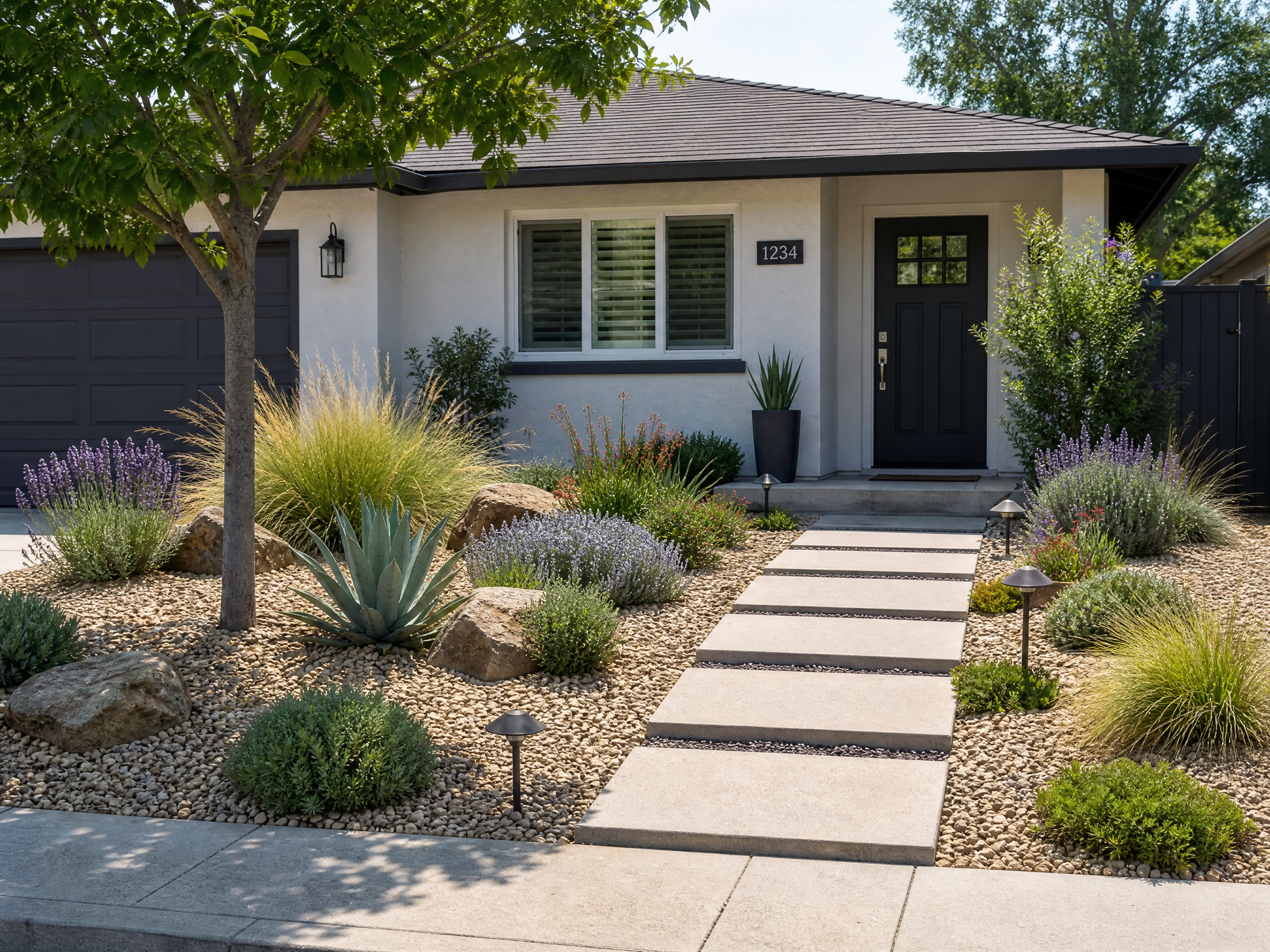 Low-maintenance front yard with durable shrubs, mulch, and gravel