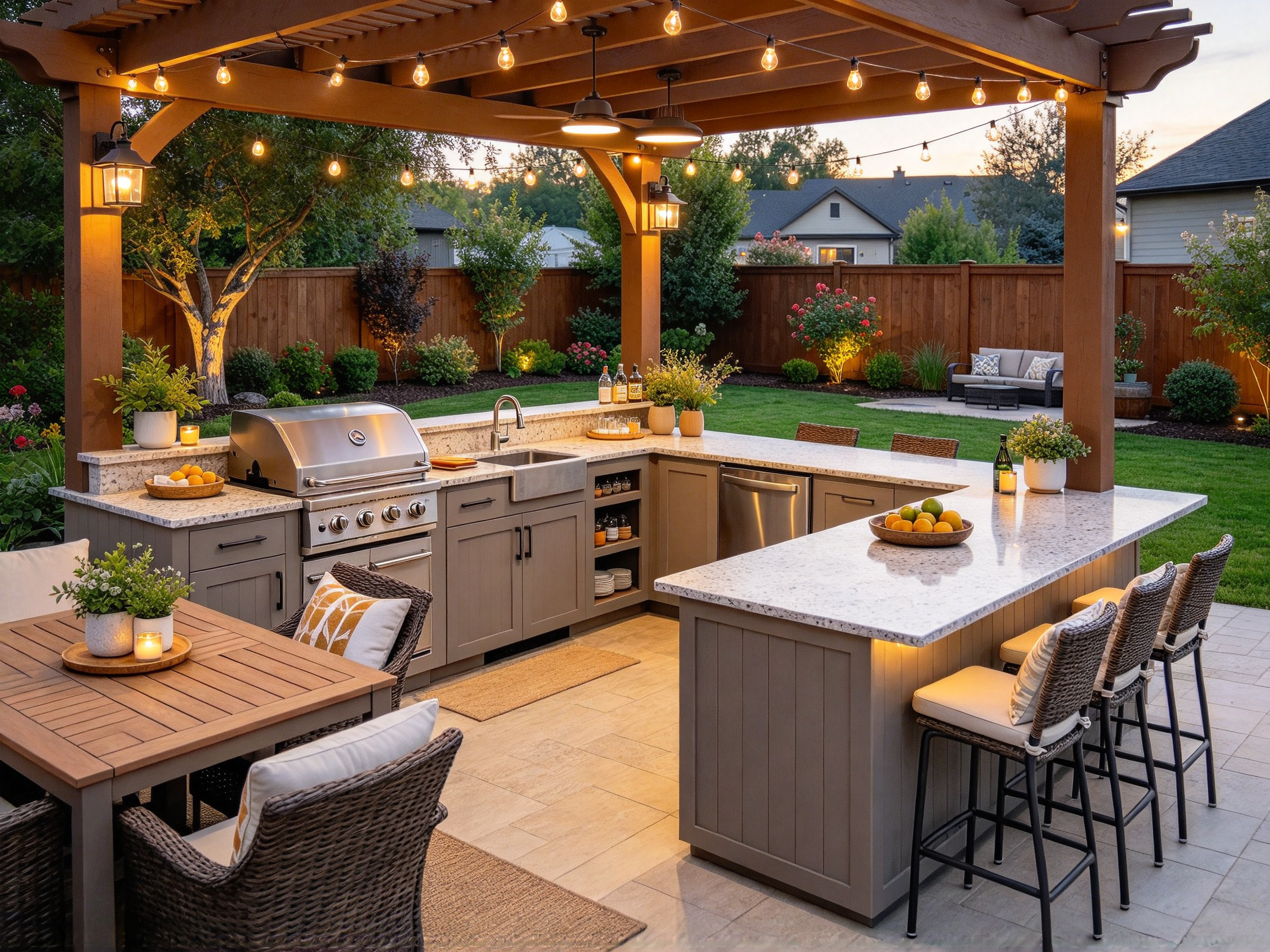 Outdoor kitchen with gathering and bar seating space