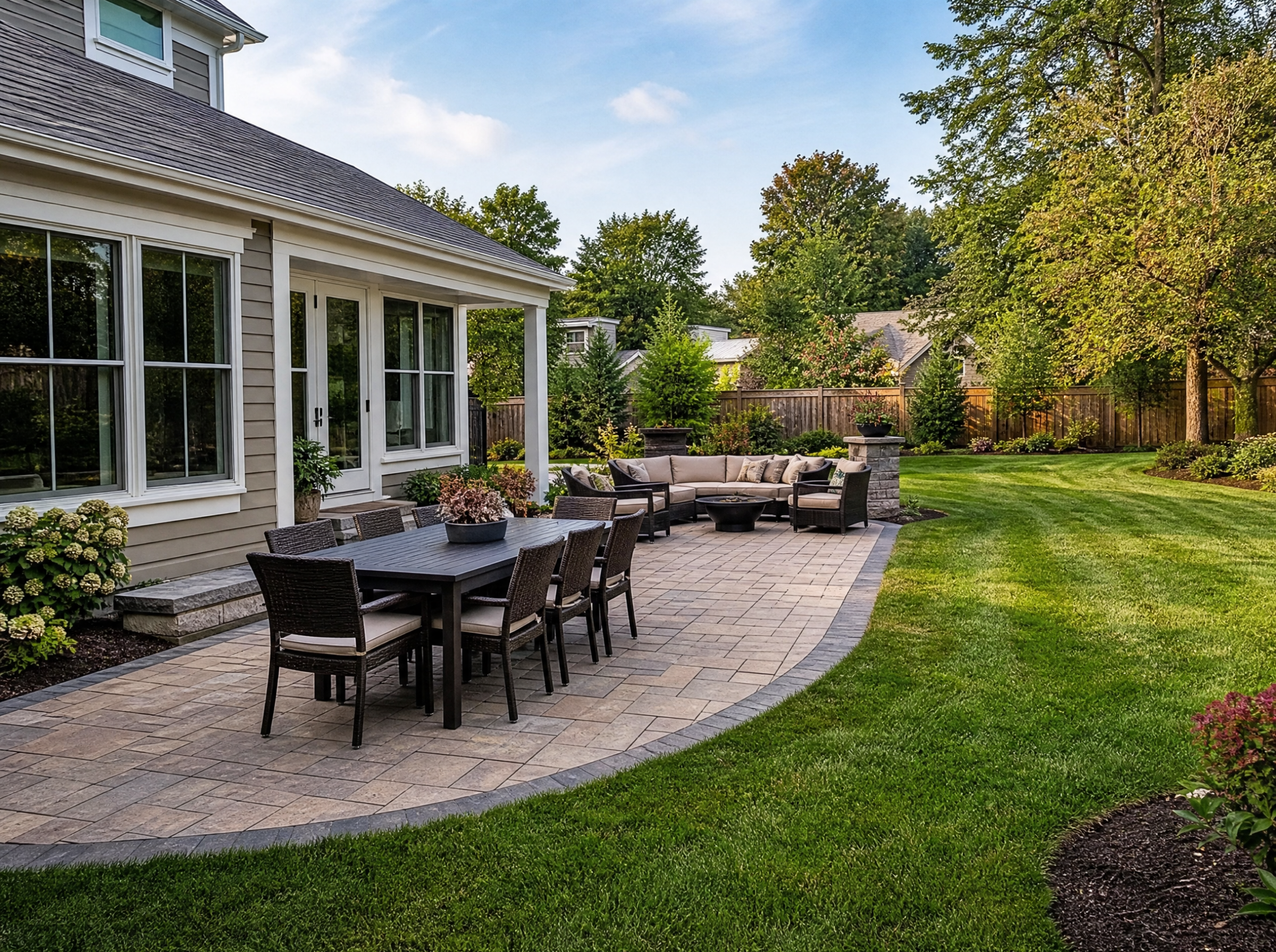 Backyard patio with dining area, paved surface, and planting