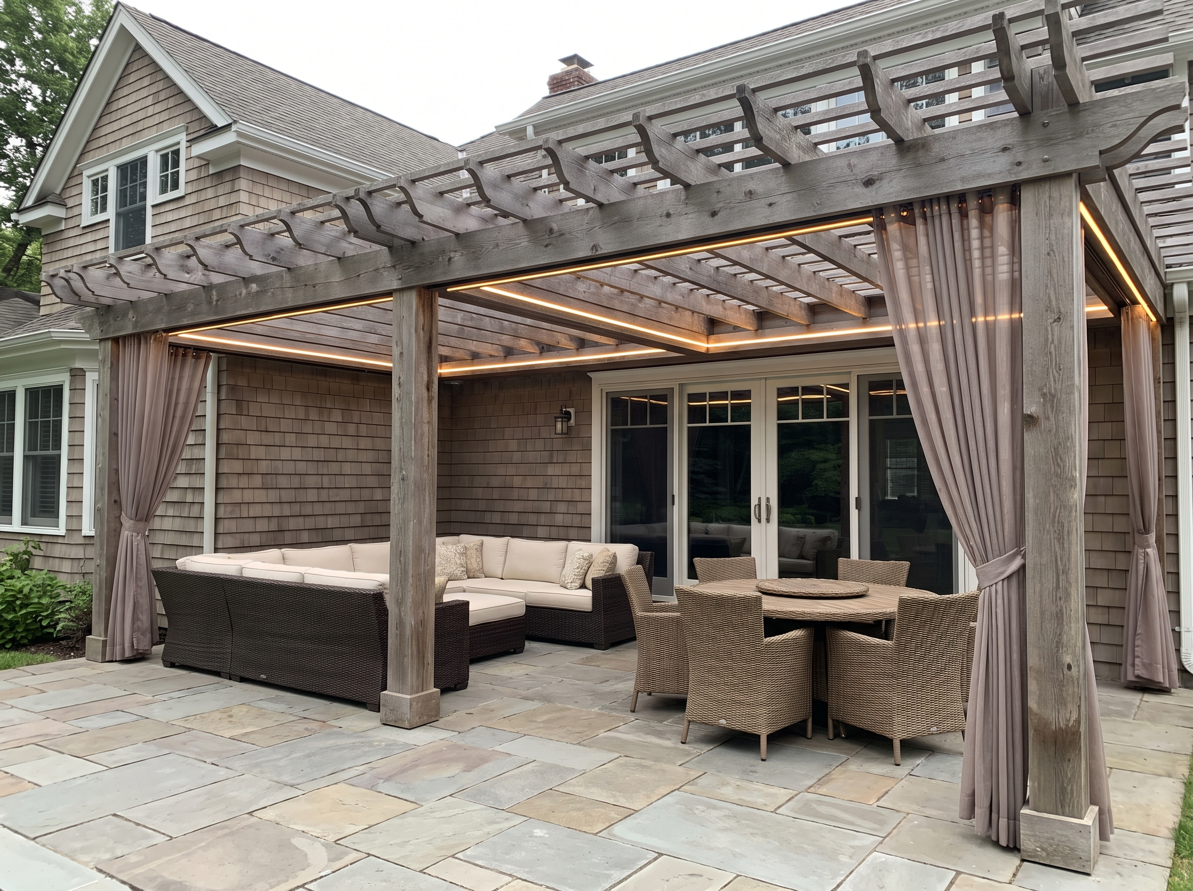 Covered patio design with shade structure, lighting, and seating