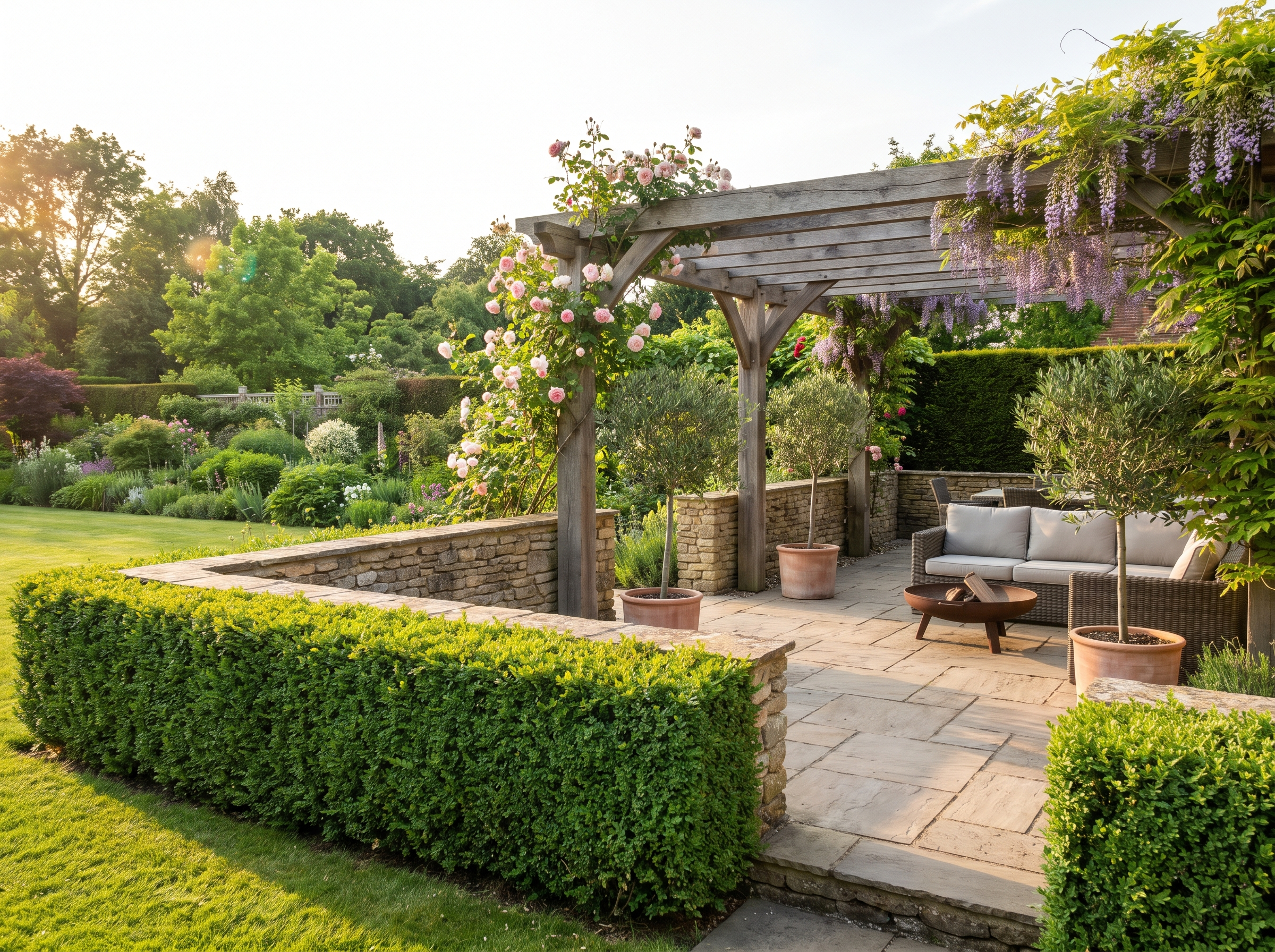 Garden patio with stone paving, containers, and planting borders