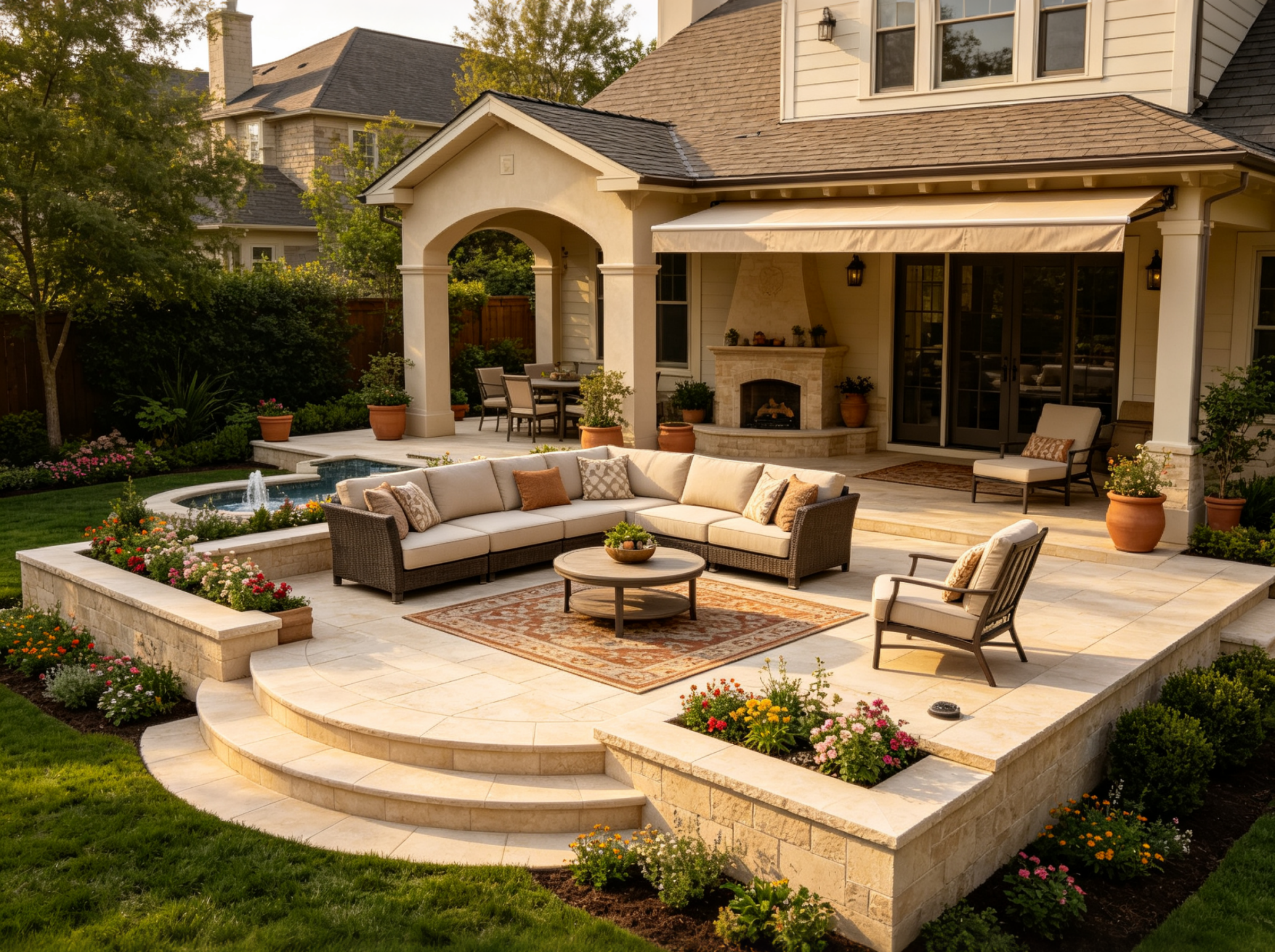 Patio entertaining area with outdoor kitchen and fire pit seating
