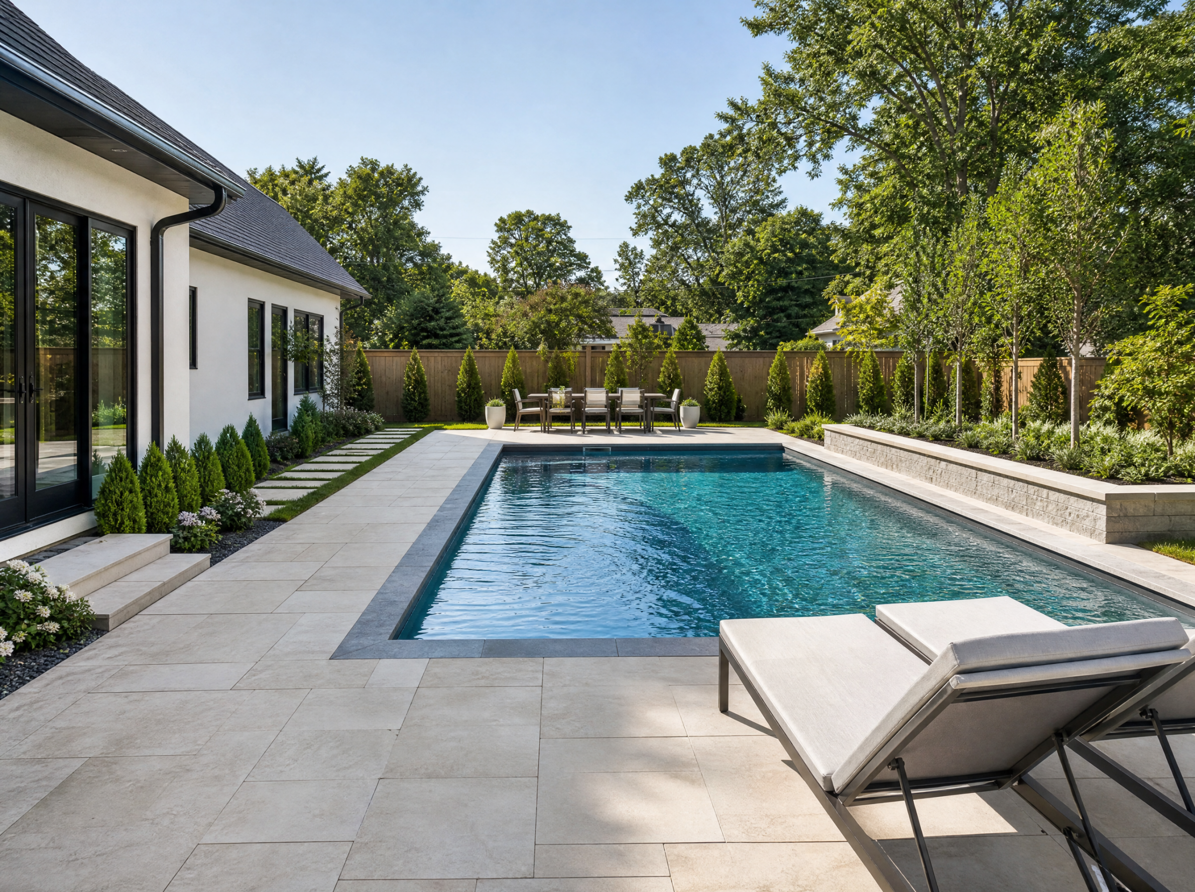 Backyard pool design with open deck and house access