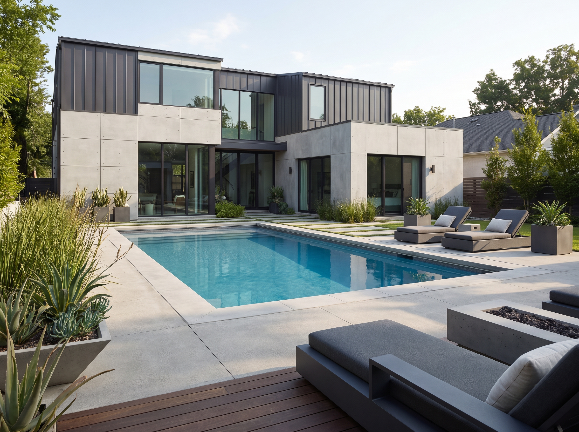 Modern pool design with geometric pool and architectural planting