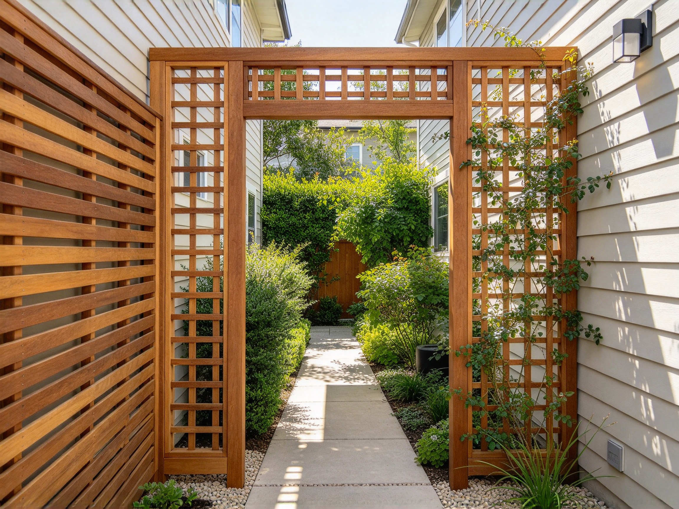 Side yard privacy screen with slats and evergreen planting