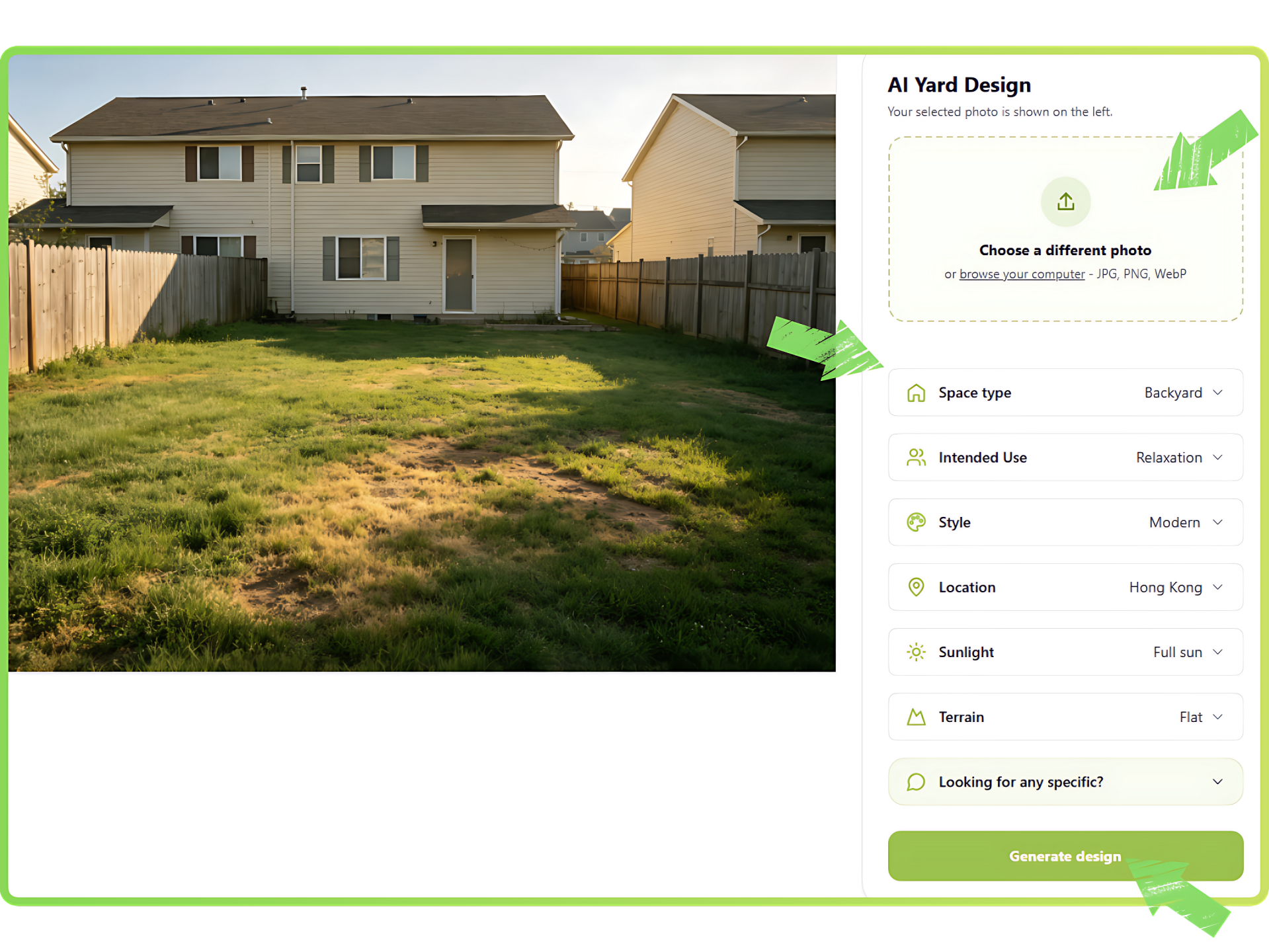 TerraLoom AI upload, style selection, and generation steps