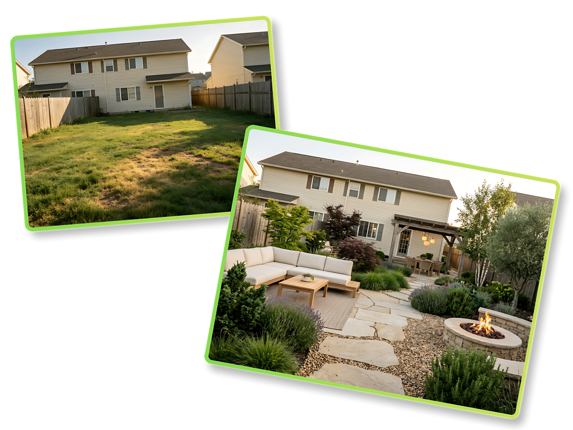 Backyard patio before and after landscape design