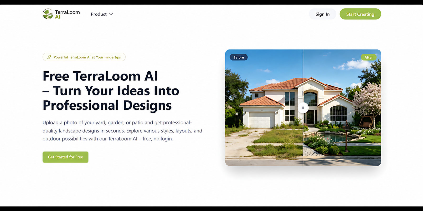 TerraLoom AI interface with before and after design comparison