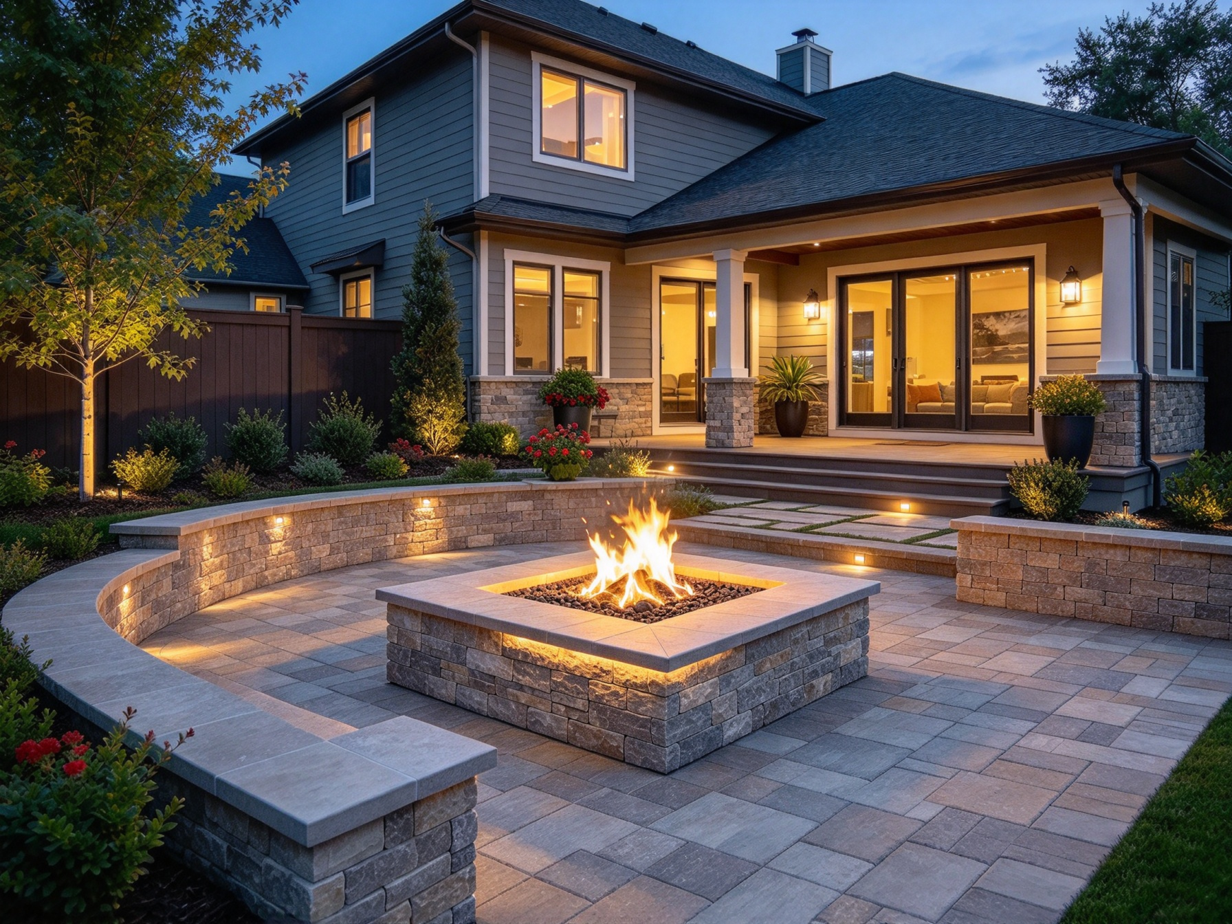 Built-in fire pit integrated into a backyard landscape
