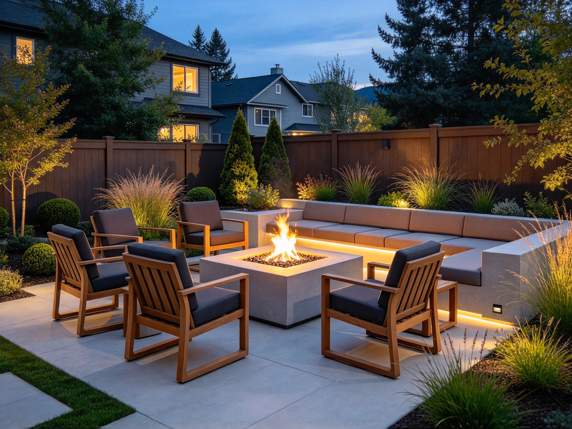 Square fire pit anchoring an outdoor seating group