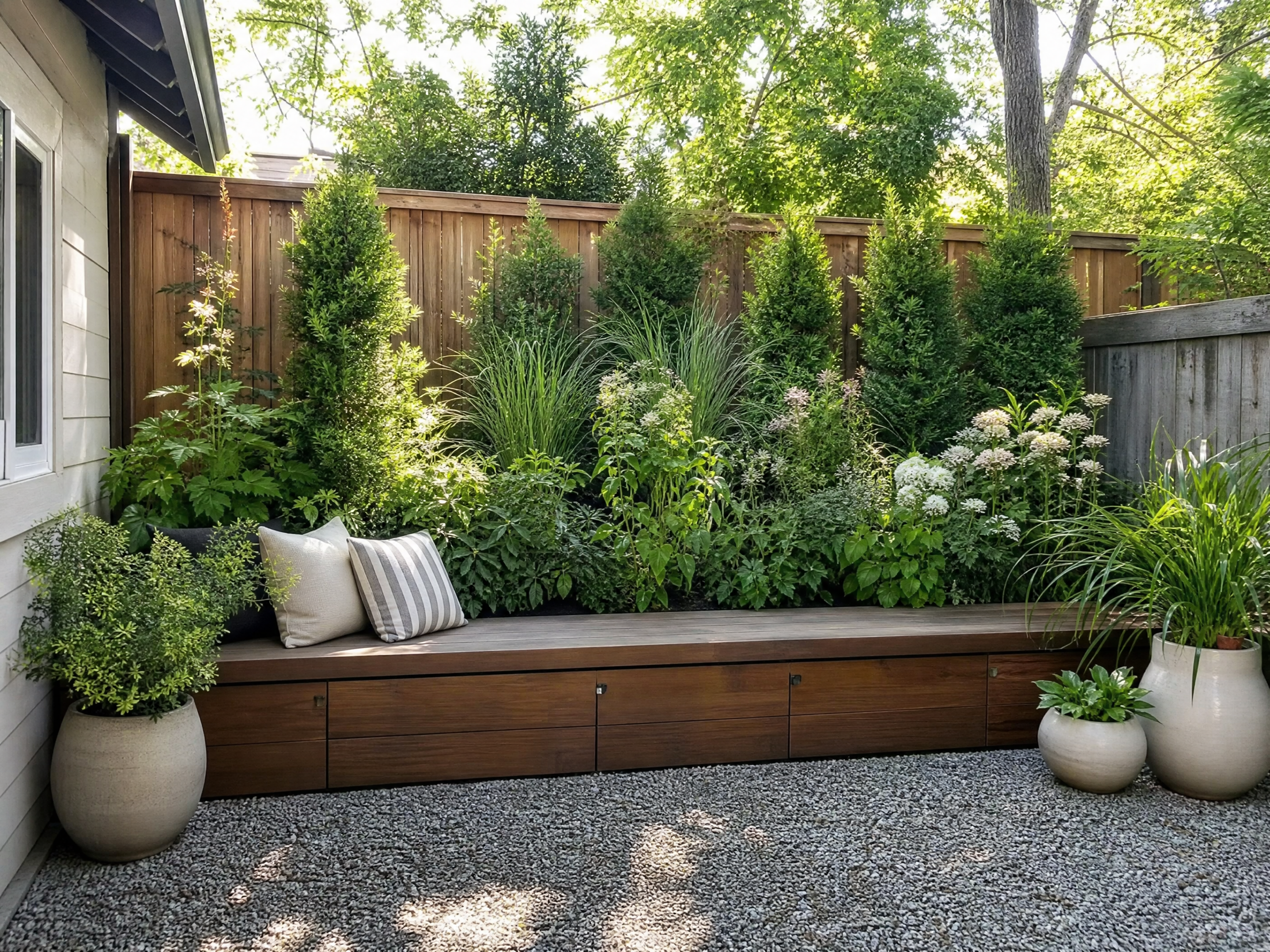 Layered planting in a small backyard designed for scale