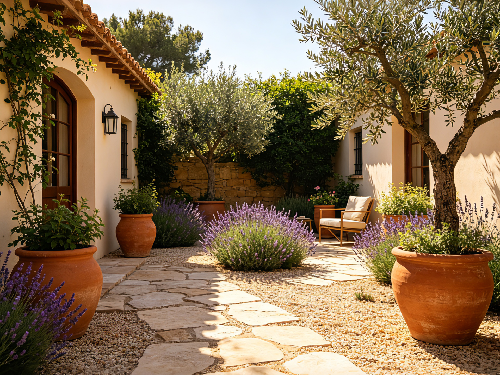 Mediterranean landscape design with warm stone and drought-tolerant plants