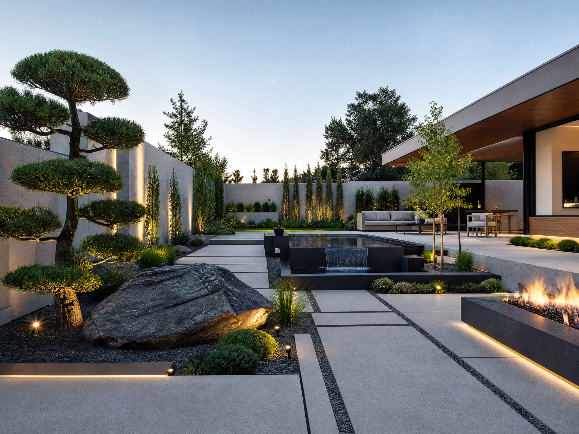 Modern landscape design with clean geometry and architectural planting